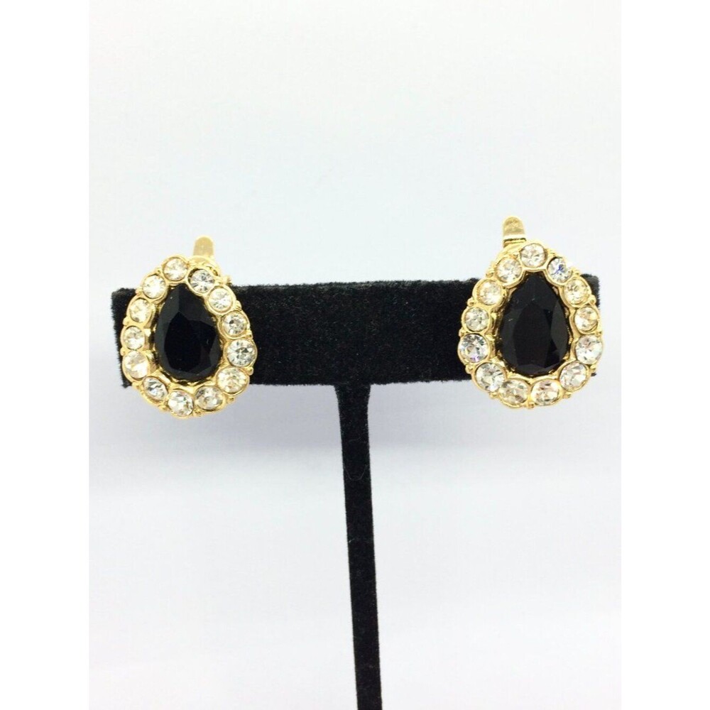 Vintage Trifari Earrings Black Teardrop Rhinestone Gold Clip On Statement